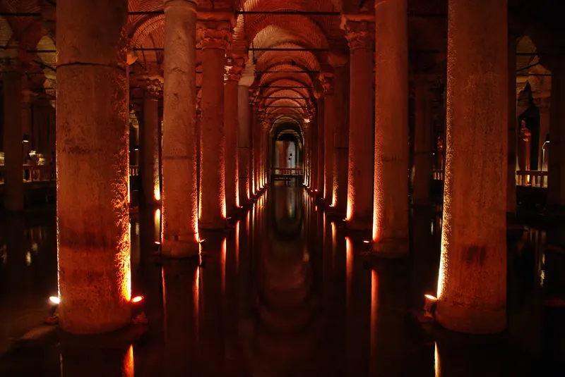 Illuminated columns of the Basilica Cistern, Istanbul