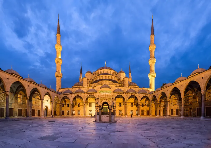 Courtyard of the Blue Mosque (Sultan Ahmed Mosque) at dusk
