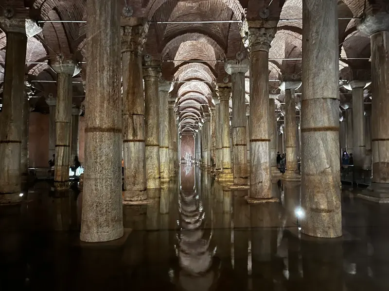 Restored Basilica Cistern with columns reflected in the water