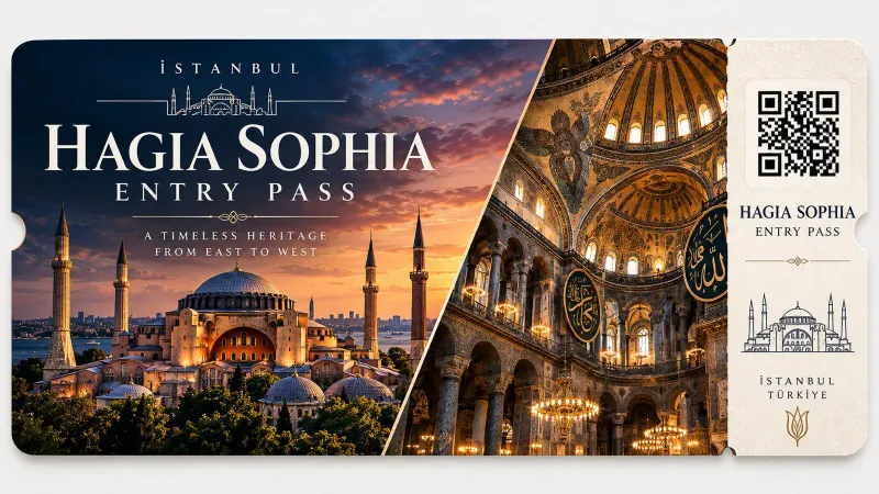 Hagia Sophia Entry Pass — Hagia Sophia at sunset and its gilded interior