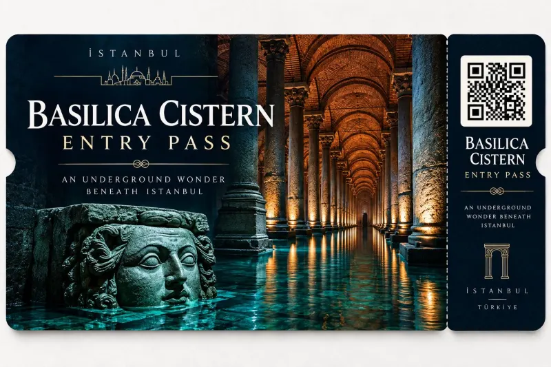 Basilica Cistern Entry Pass — lit columns and the Medusa head